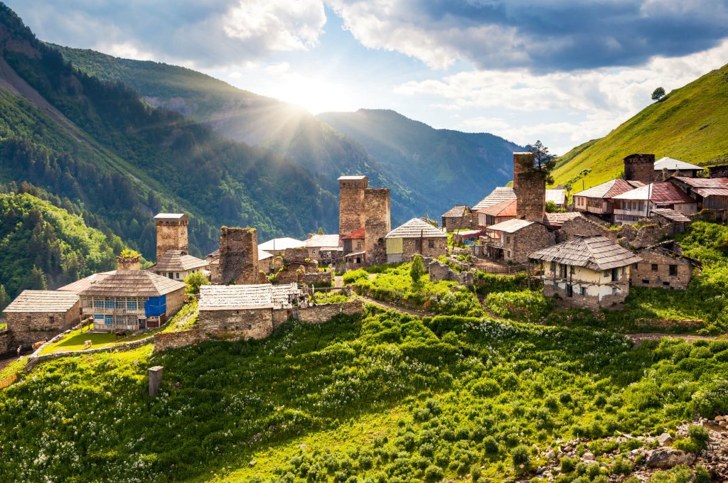 View of the village Adishi. Upper Svaneti, Georgia, Europe. Caucasus mountains. Beauty world.